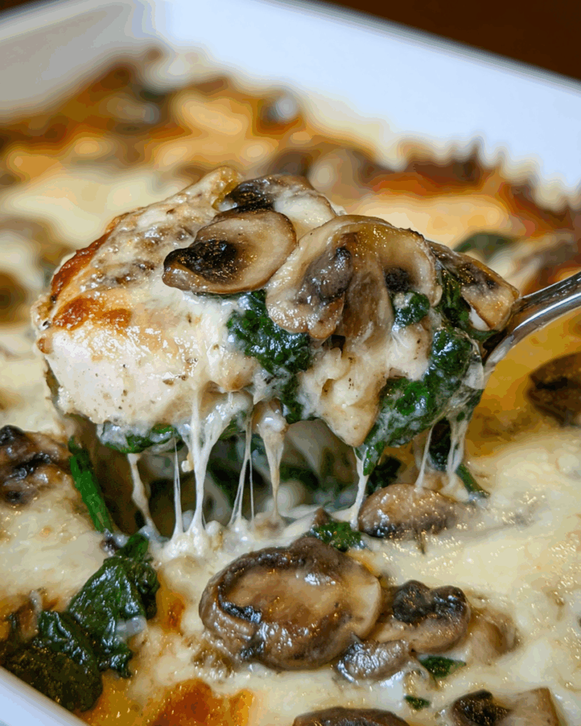Cheesy Chicken Spinach and Mushroom Bake