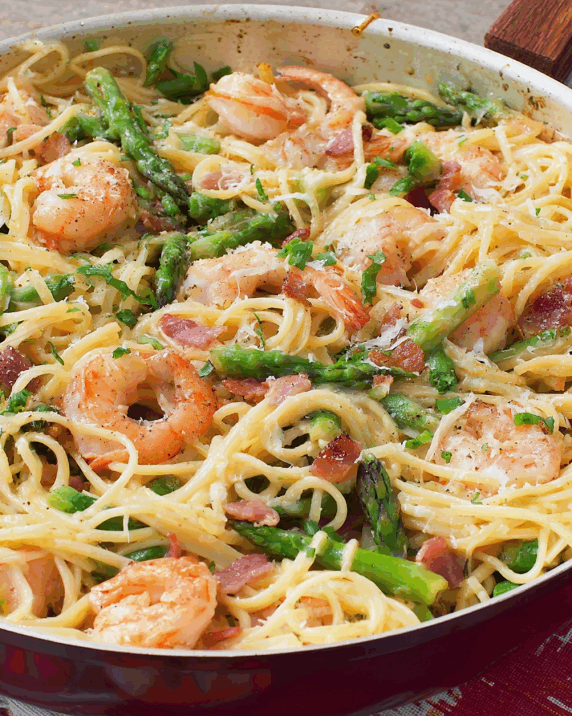 One Pan Shrimp and Asparagus Carbonara 3