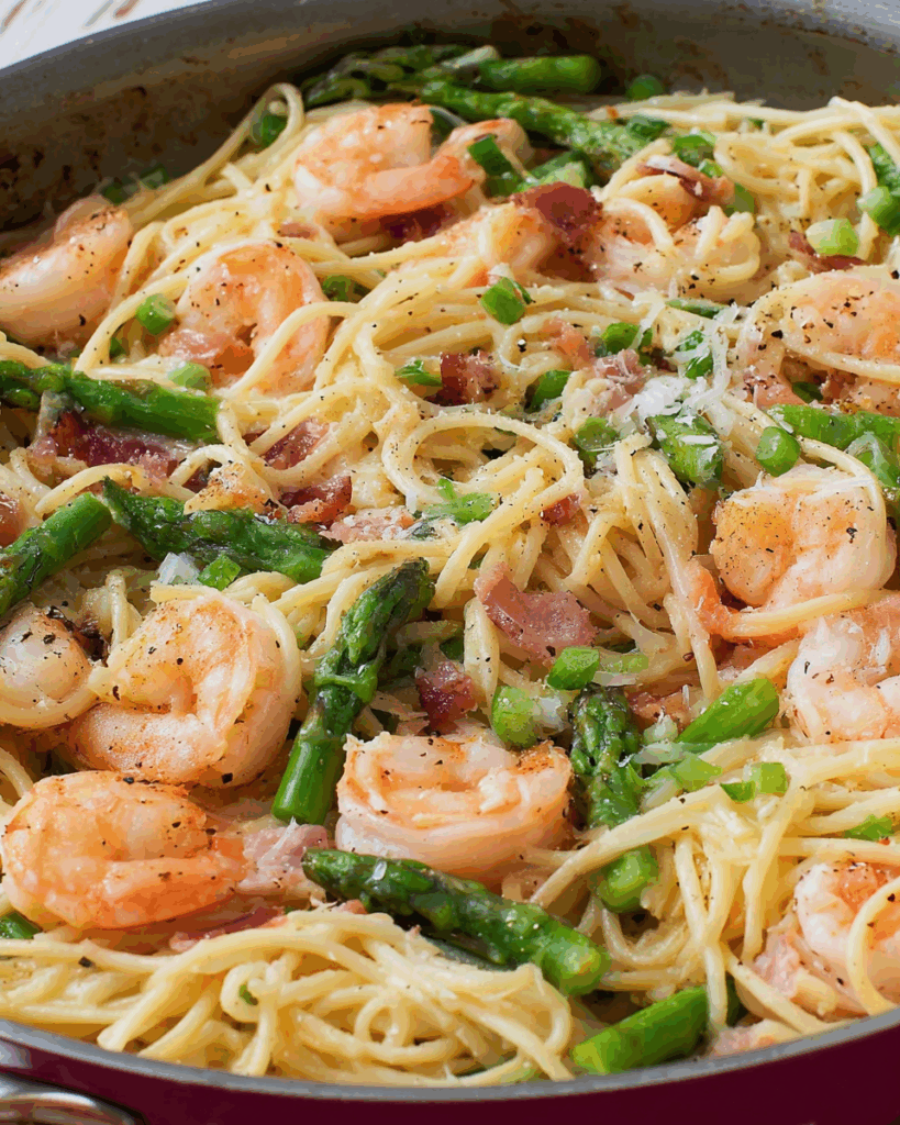 One Pan Shrimp and Asparagus Carbonara