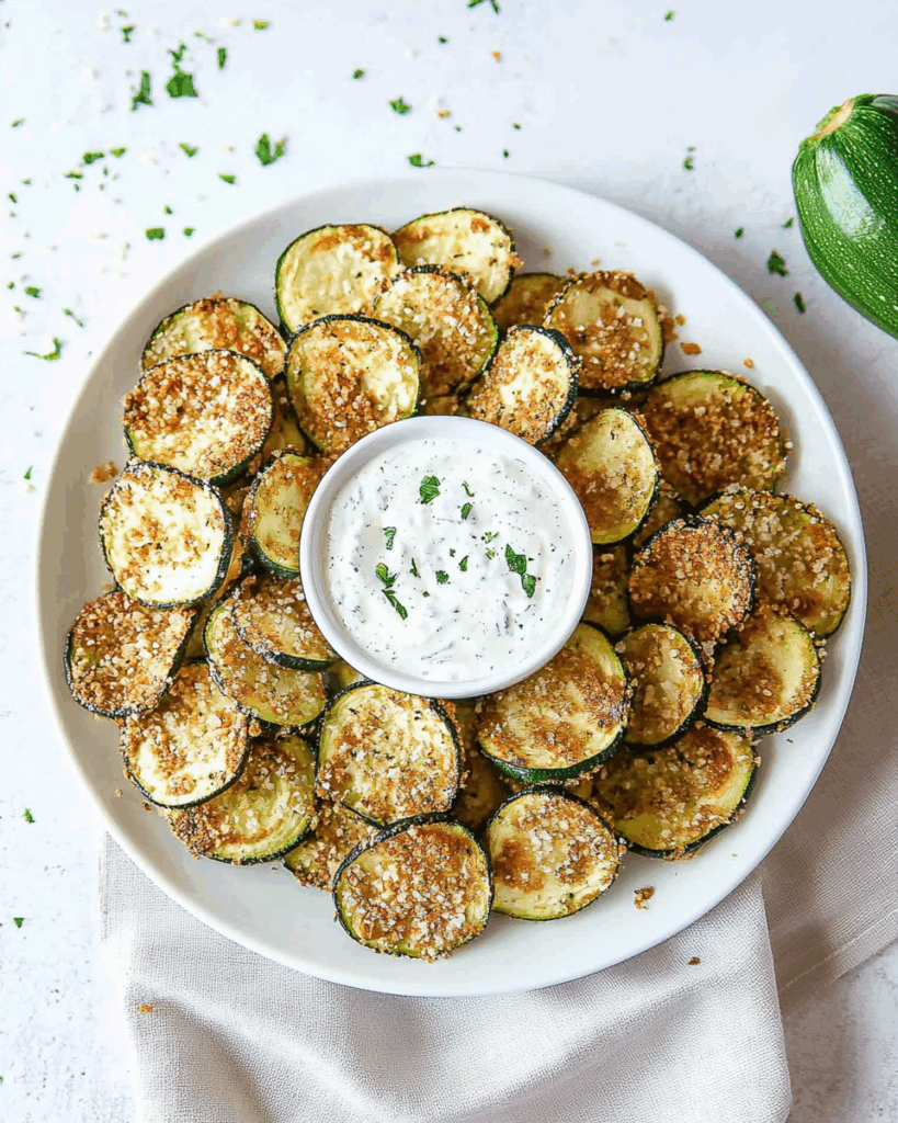 Crispy Baked Zucchini Chips with Greek Yogurt Ranch Dip