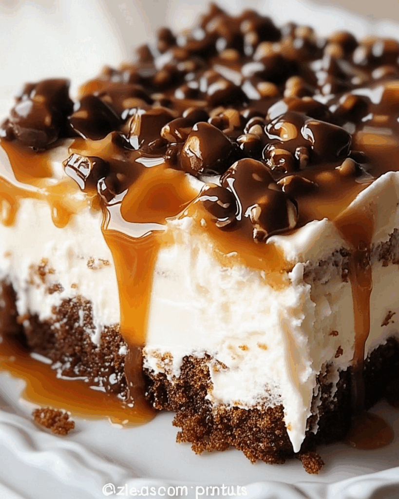 Gooey Caramel Turtle Poke Cake
