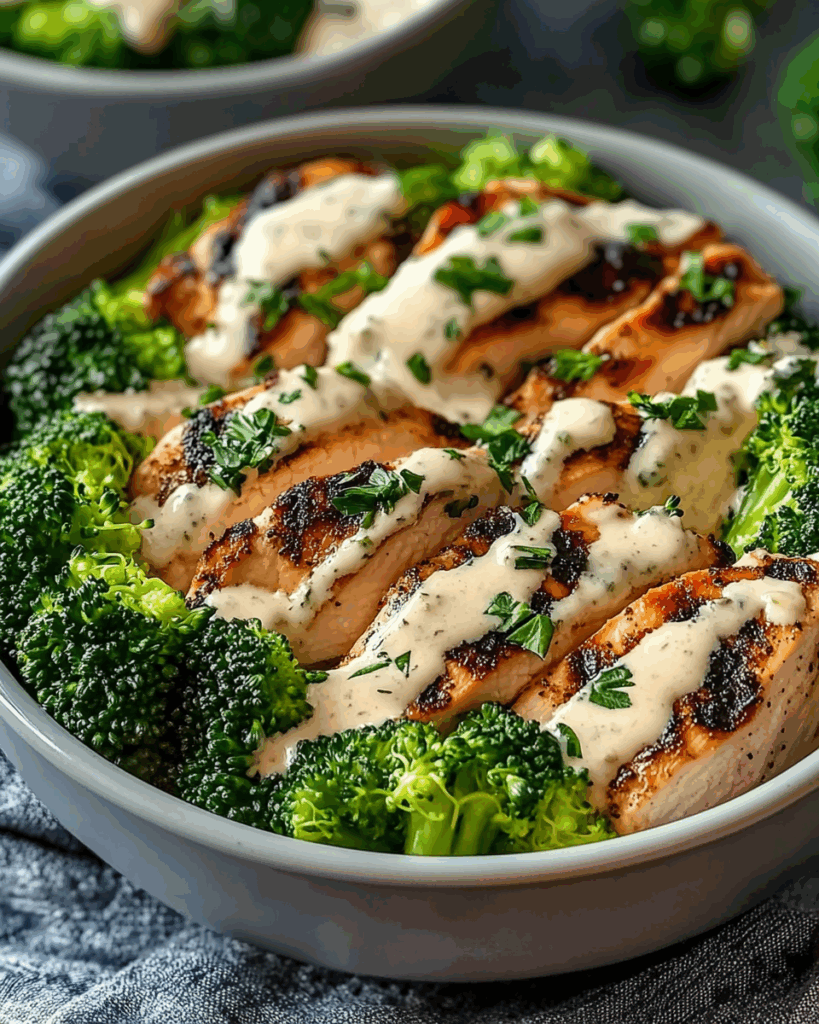 Grilled Chicken and Broccoli Bowls with Creamy Garlic Sauce 2