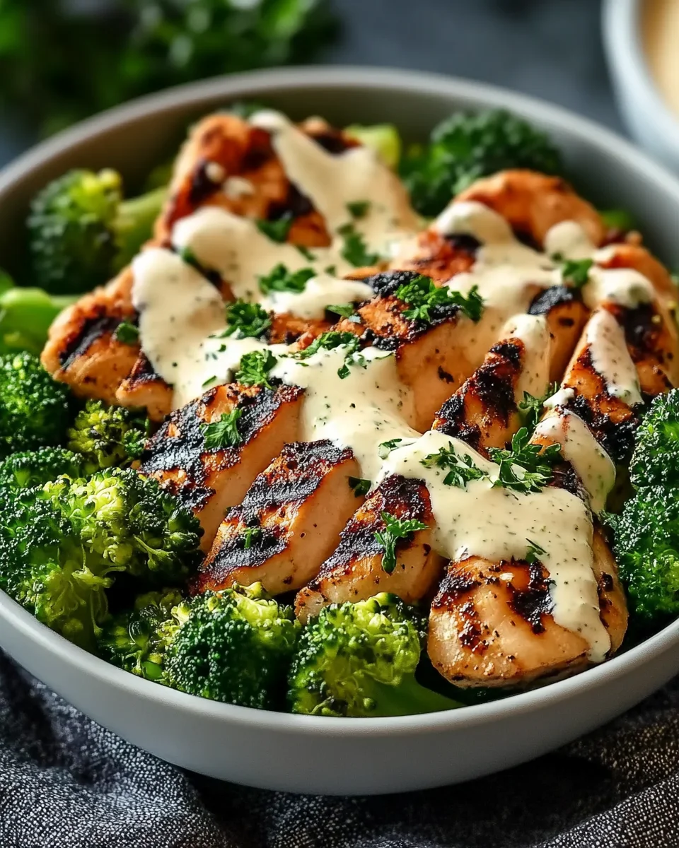 Grilled Chicken and Broccoli Bowls with Creamy Garlic Sauce to Delight Your Taste Buds!