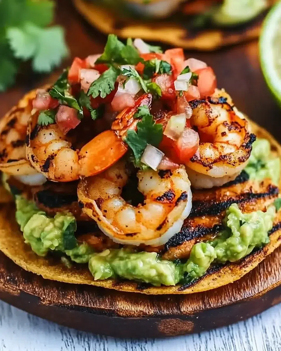 Grilled Shrimp Tostadas with Guacamole and Pico de Gallo delight your taste buds!