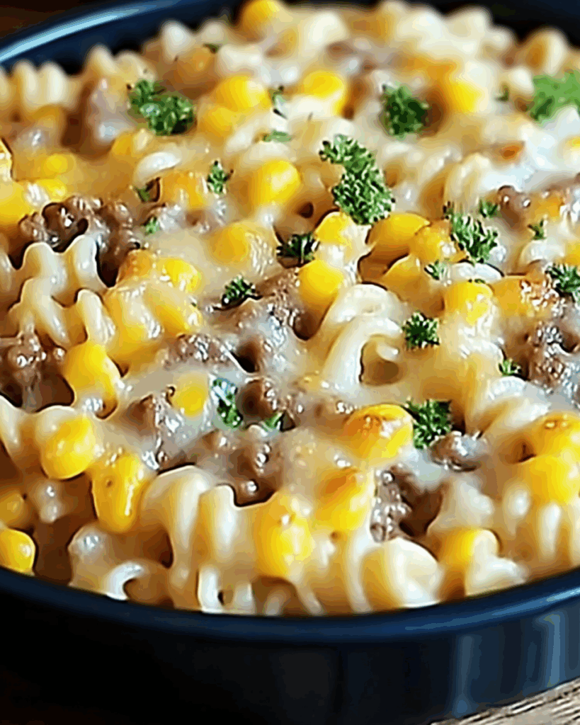Loaded Cheddar Ranch Beef and Sweet Corn Rotini Bake