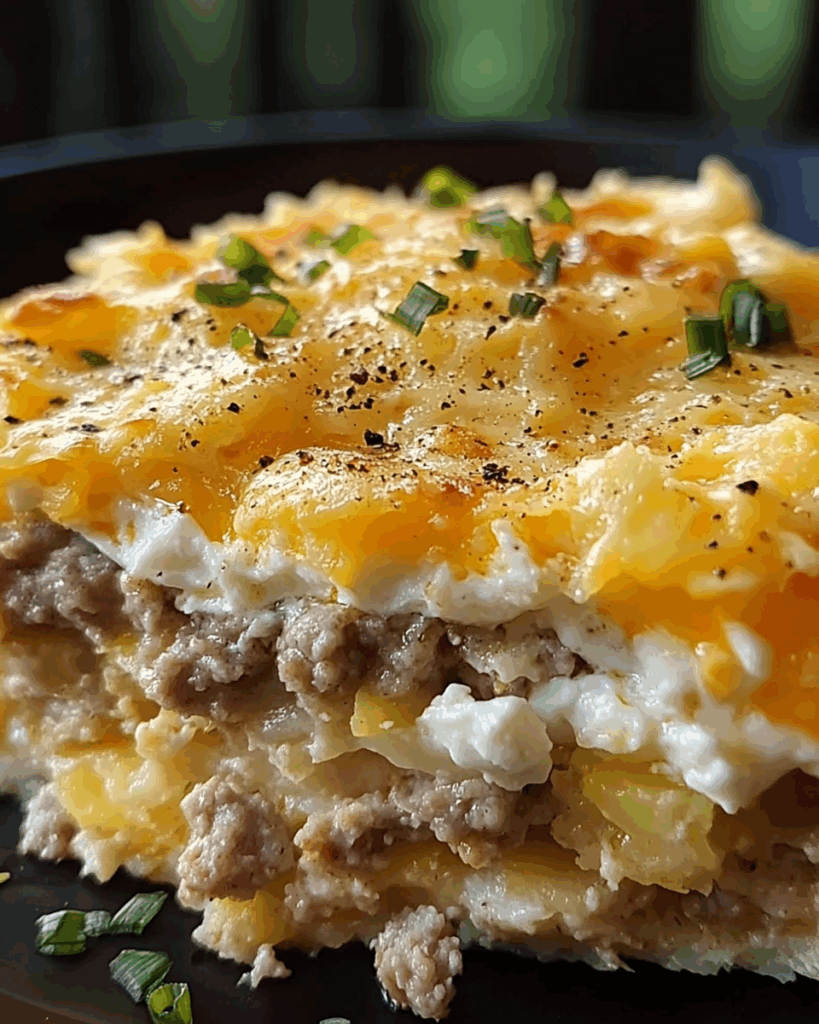 Sausage Egg and Cream Cheese Hashbrown Casserole