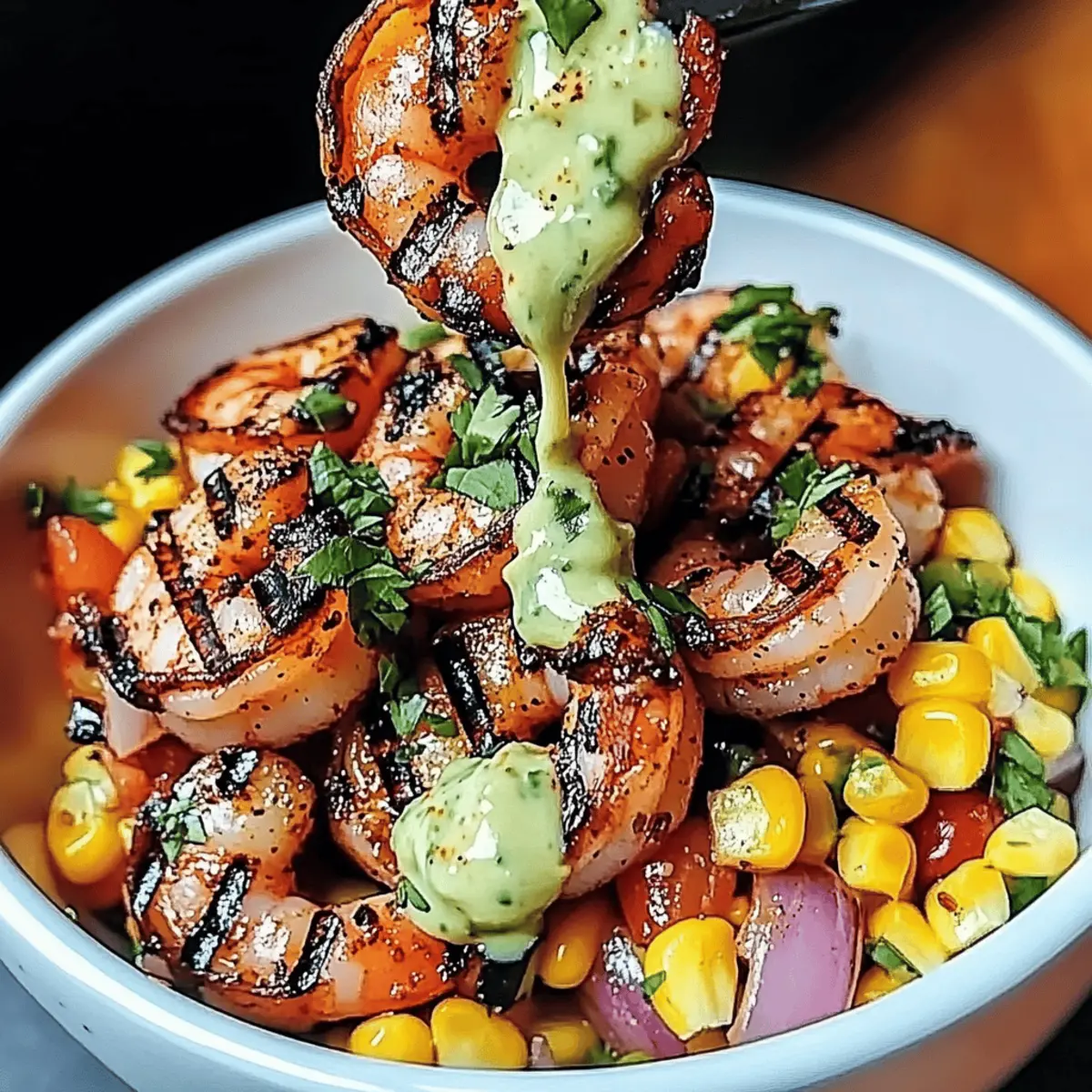 Grilled Shrimp Bowl with Avocado, Corn Salsa & Creamy Garlic Sauce for a Flavorful Feast