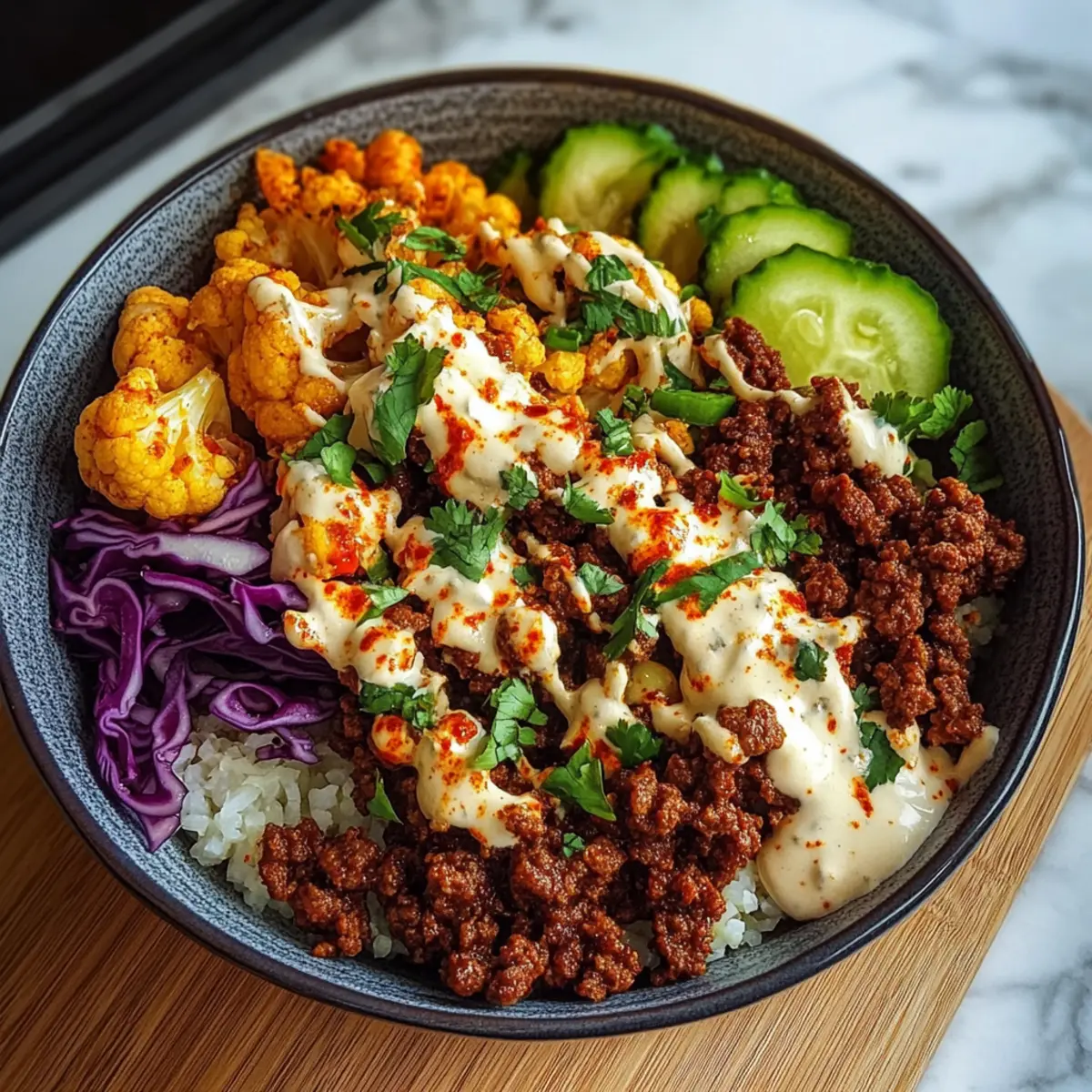 Crispy Chile Ground Beef and Cauliflower Protein Bowls Delight
